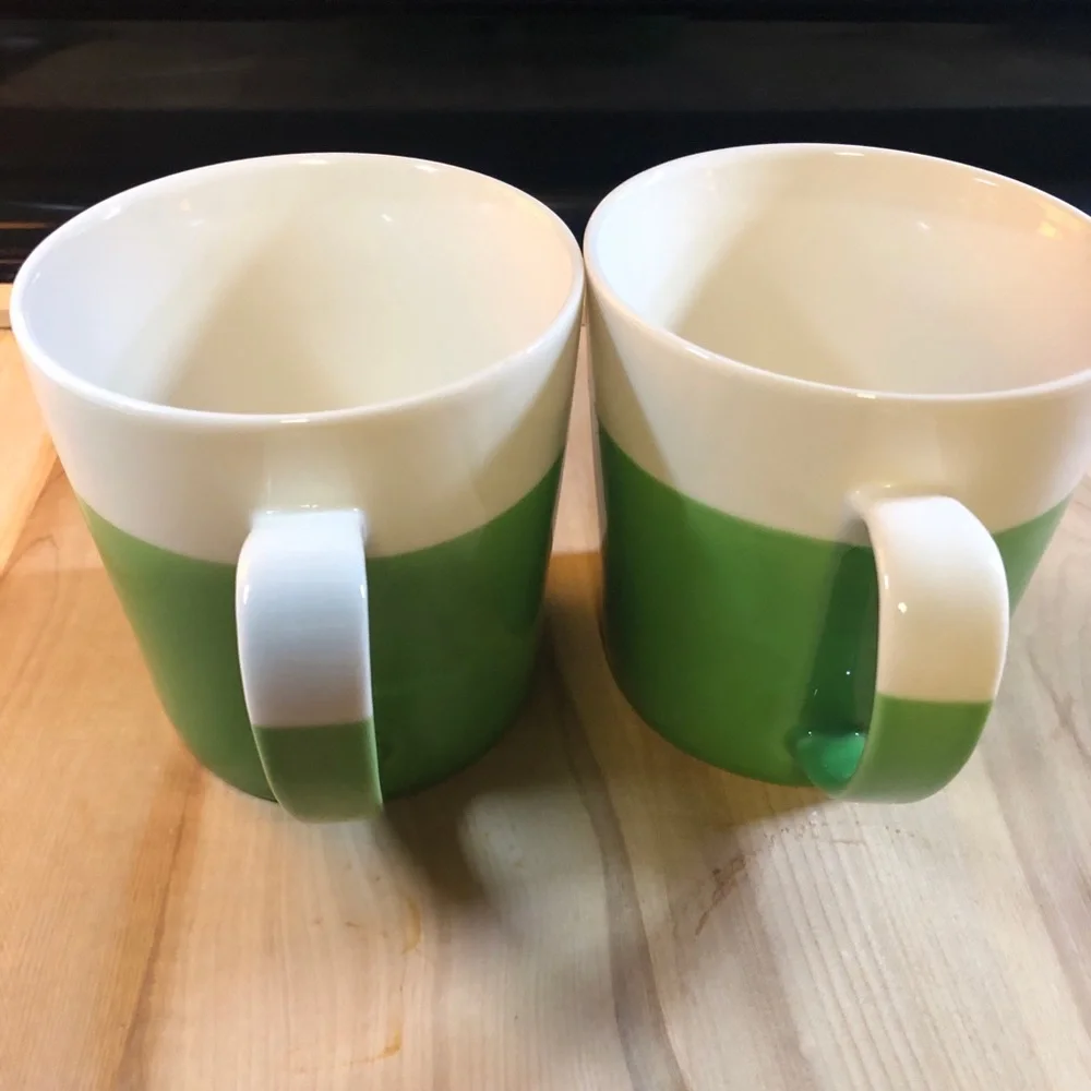 Crate and Barrel Coffee Mug Two Toned Spilt Design Green SET OF 2